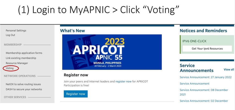 (1) Login to MyAPNIC > Click “Voting”